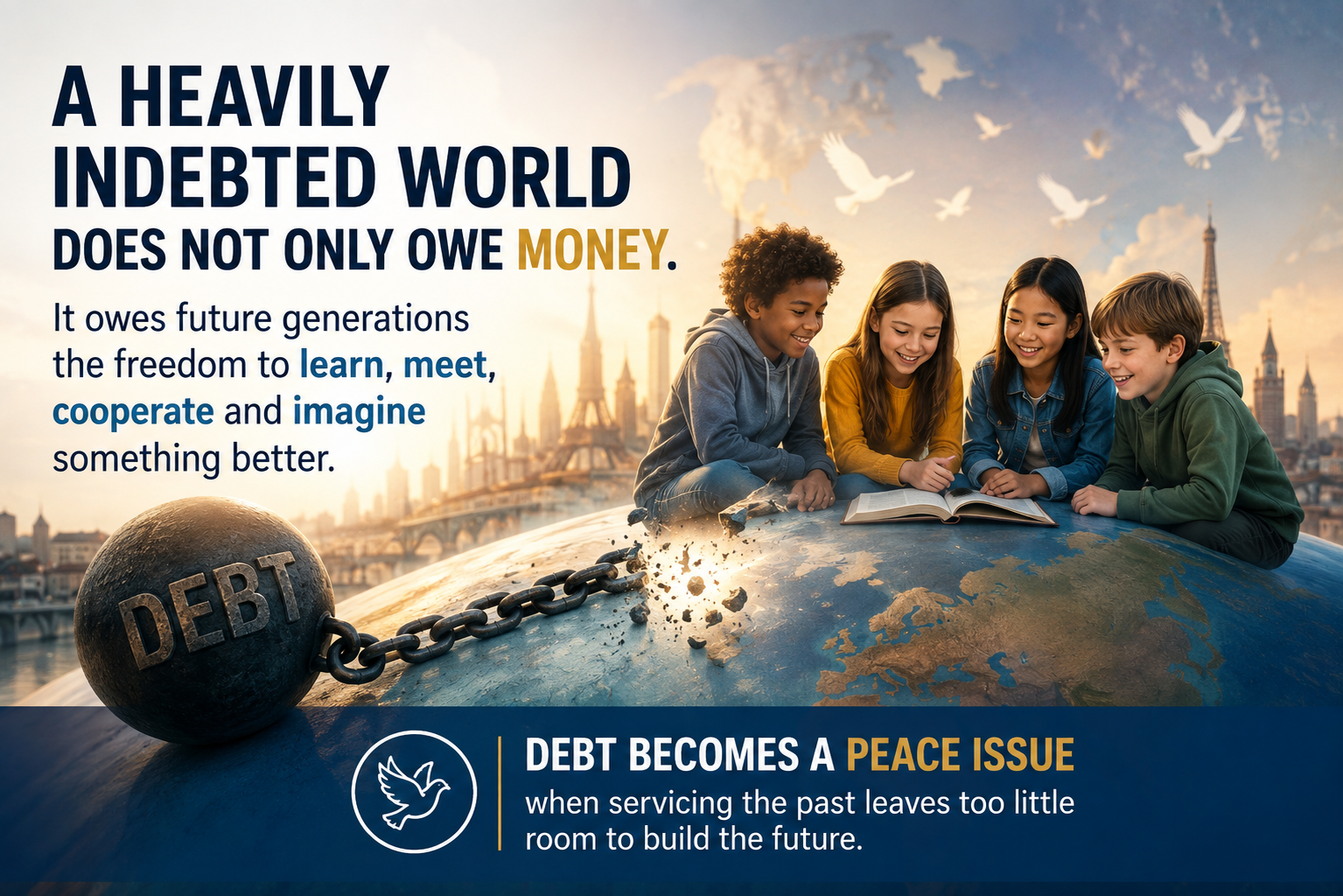 Four young people from different backgrounds read a book together on top of a globe while a heavy ball and chain marked Debt breaks away from the planet. The text reads: a heavily indebted world does not only owe money. It owes future generations the freedom to learn, meet, cooperate and imagine something better. Debt becomes a peace issue when servicing the past leaves too little room to build the future.