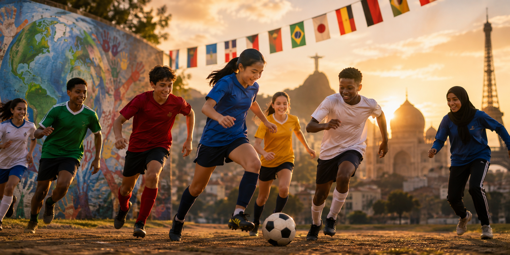 Illustration: young footballers wearing the colours of many different national teams chase a single ball together beneath a string of international flags, with world landmarks on the horizon behind them.