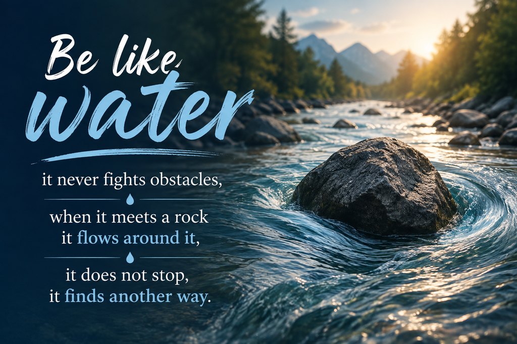 A large rock sits in a fast-flowing mountain river at sunrise, with the water curving smoothly around both sides of it and continuing downstream between forested banks. Text on the image reads: Be like water. It never fights obstacles. When it meets a rock it flows around it. It does not stop, it finds another way.