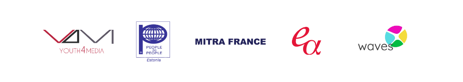 The logos of the five HATE-LESS partner organisations, shown in a row: European Youth4Media Network, People to People International in Estonia, MITRA FRANCE, Evolutionary Archetypes, and WAVES Foundation for Global Education.